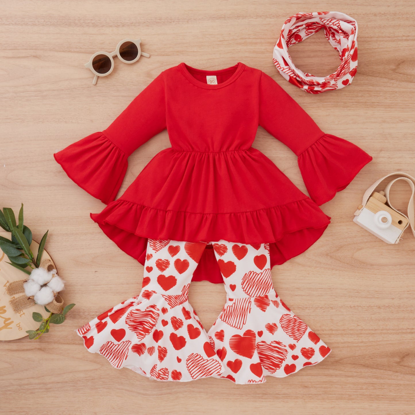 Girls Big Skirt Hem Top Shorts Hair Band Three-piece Suit