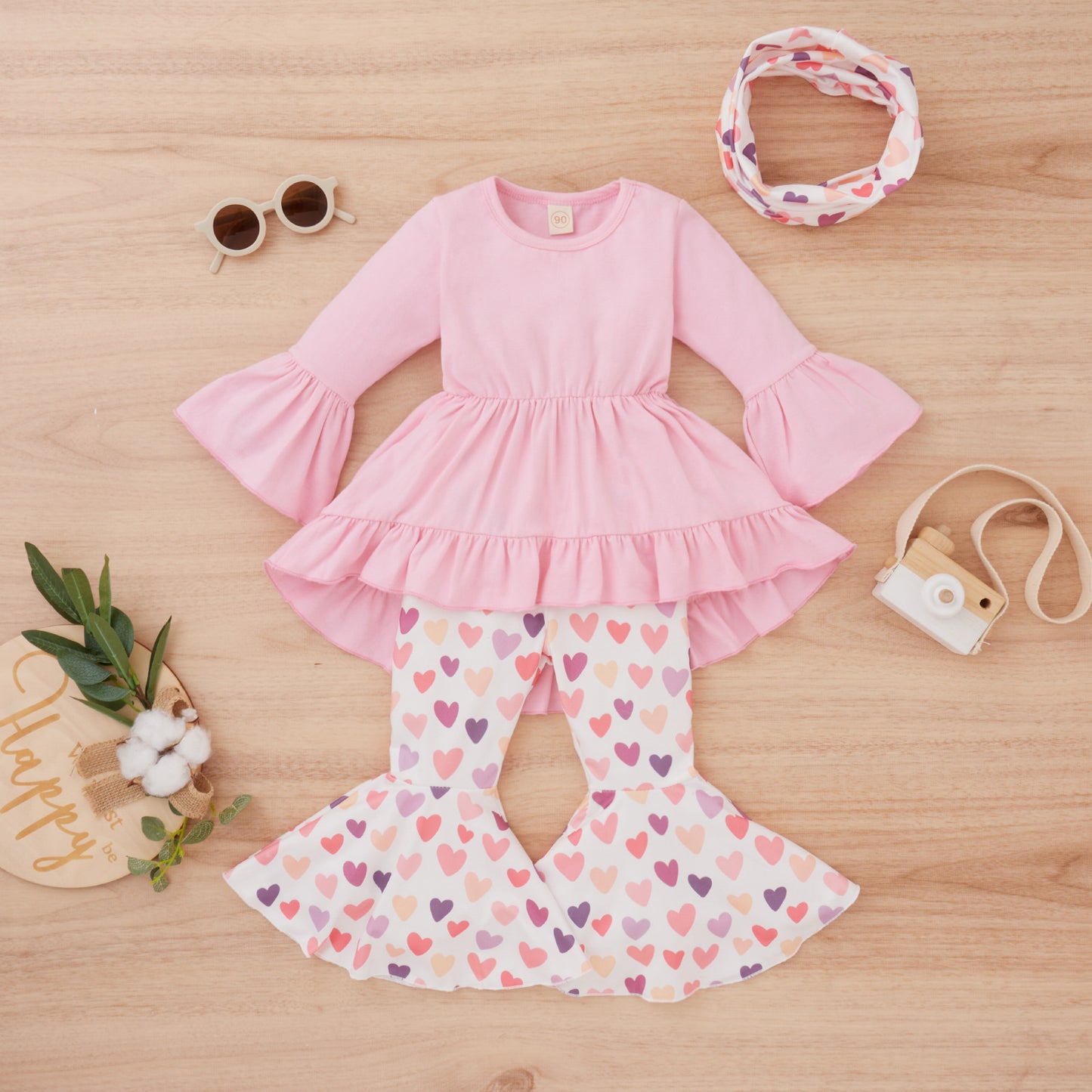 Girls Big Skirt Hem Top Shorts Hair Band Three-piece Suit