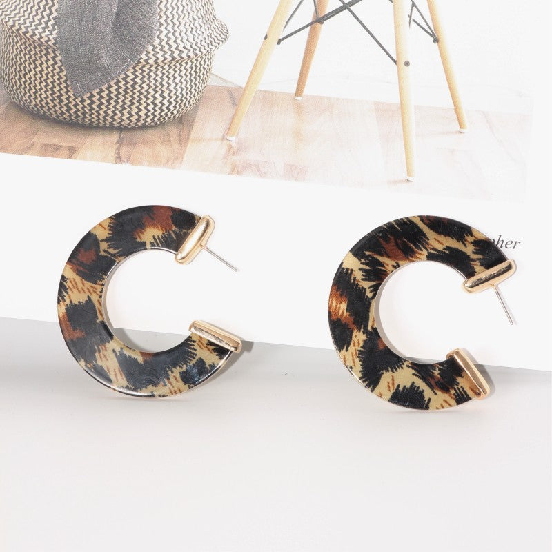 C-shaped Circular Geometric Leopard Print Earrings