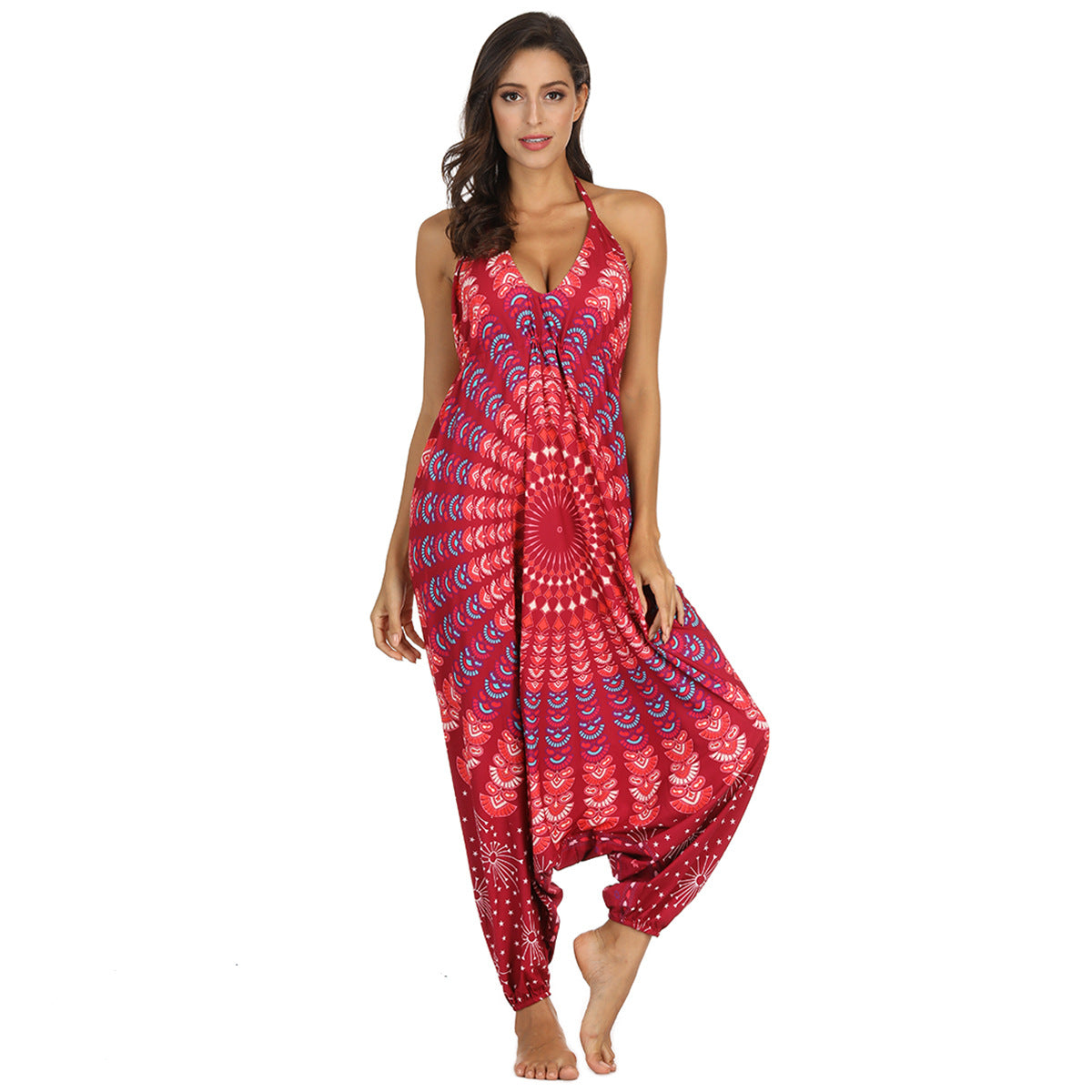 Cross-border Hot Style Ethnic Digital Printing Women's Sling Jumpsuit Wholesale Beach Leisure Sports Jumpsuit