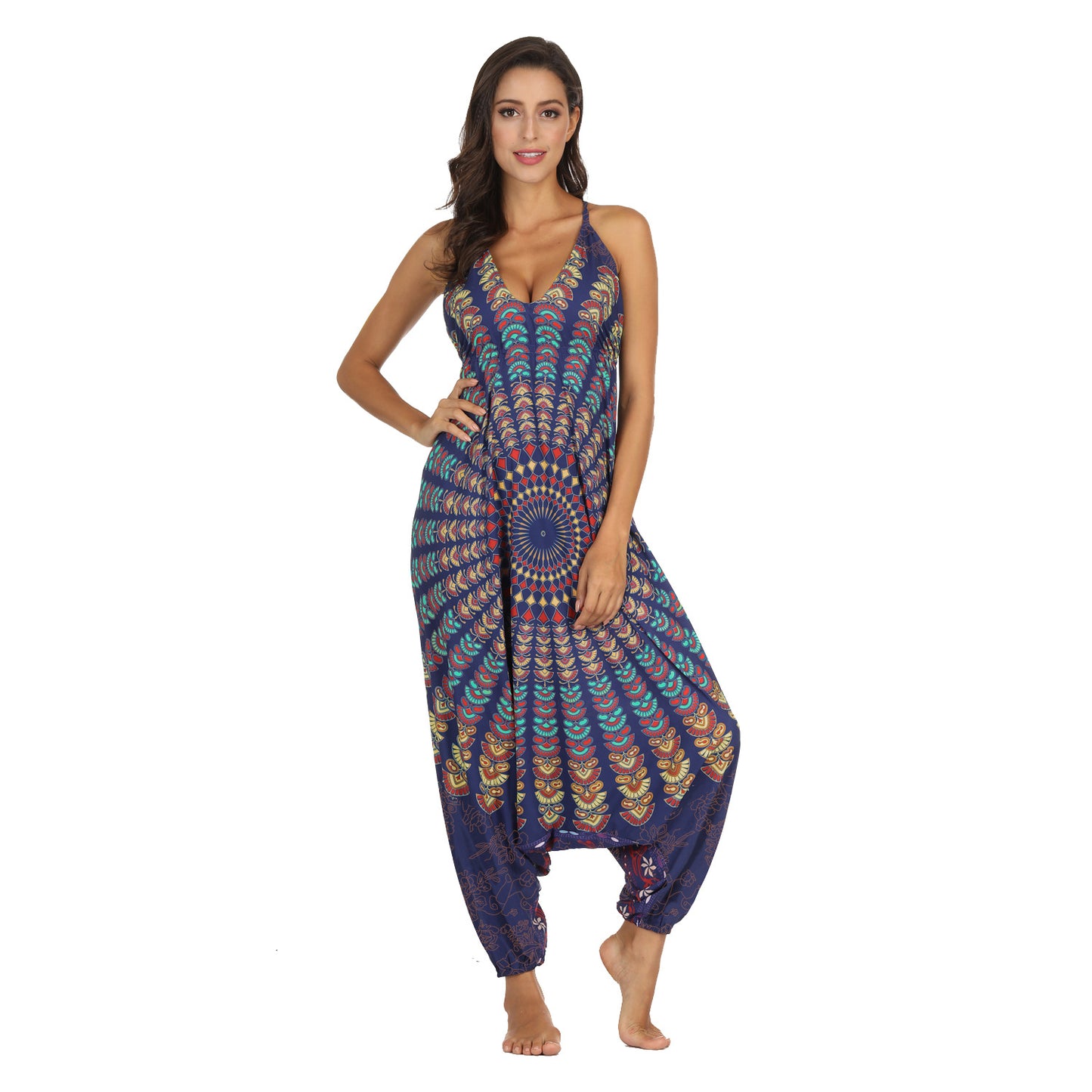 Cross-border Hot Style Ethnic Digital Printing Women's Sling Jumpsuit Wholesale Beach Leisure Sports Jumpsuit