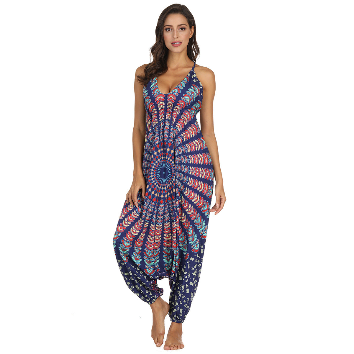 Cross-border Hot Style Ethnic Digital Printing Women's Sling Jumpsuit Wholesale Beach Leisure Sports Jumpsuit