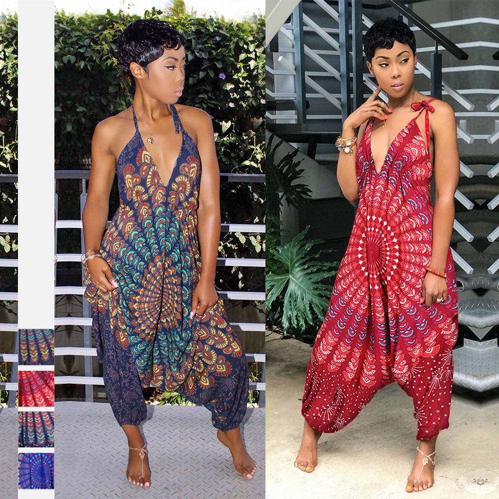 Cross-border Hot Style Ethnic Digital Printing Women's Sling Jumpsuit Wholesale Beach Leisure Sports Jumpsuit