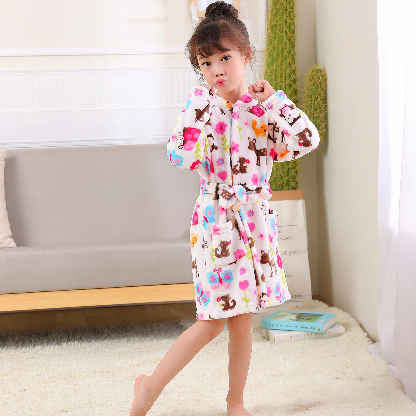 Cartoon Flannel Hooded Nightgown For Children