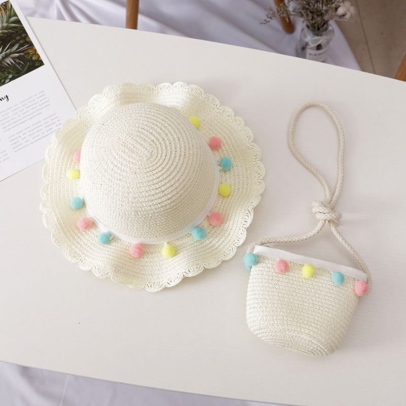 Small Ball Solid Color Children Straw Hat Bag Set