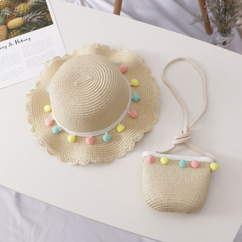 Small Ball Solid Color Children Straw Hat Bag Set