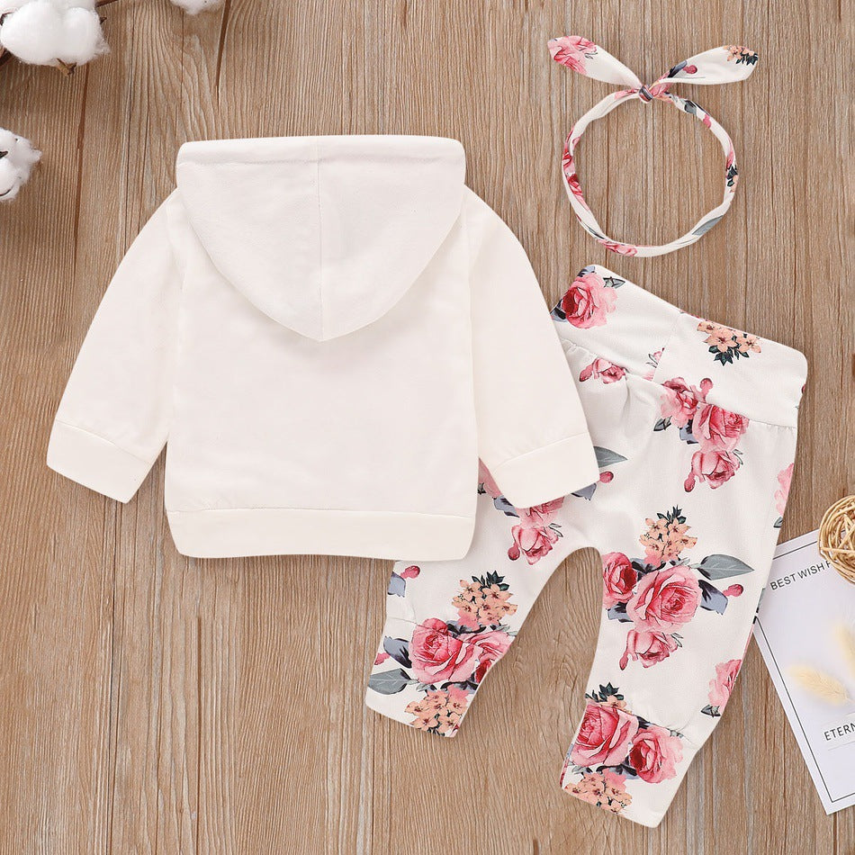 Girls hooded top floral three-piece suit