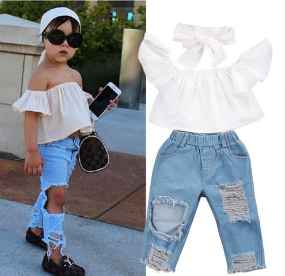 Girl's Hole Jeans White Top 3 Piece Set