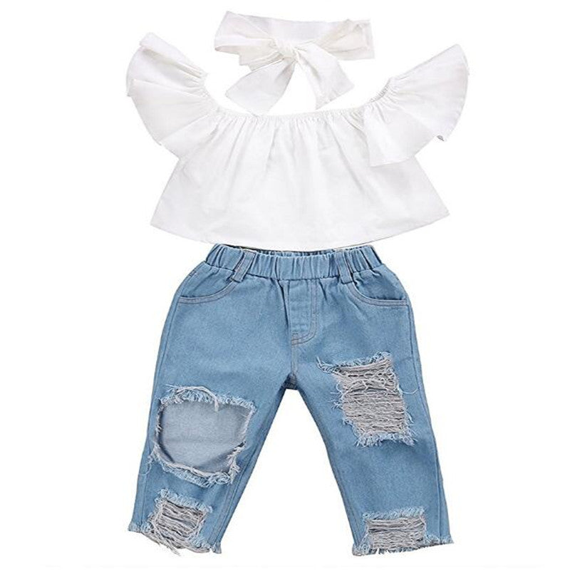 Girl's Hole Jeans White Top 3 Piece Set