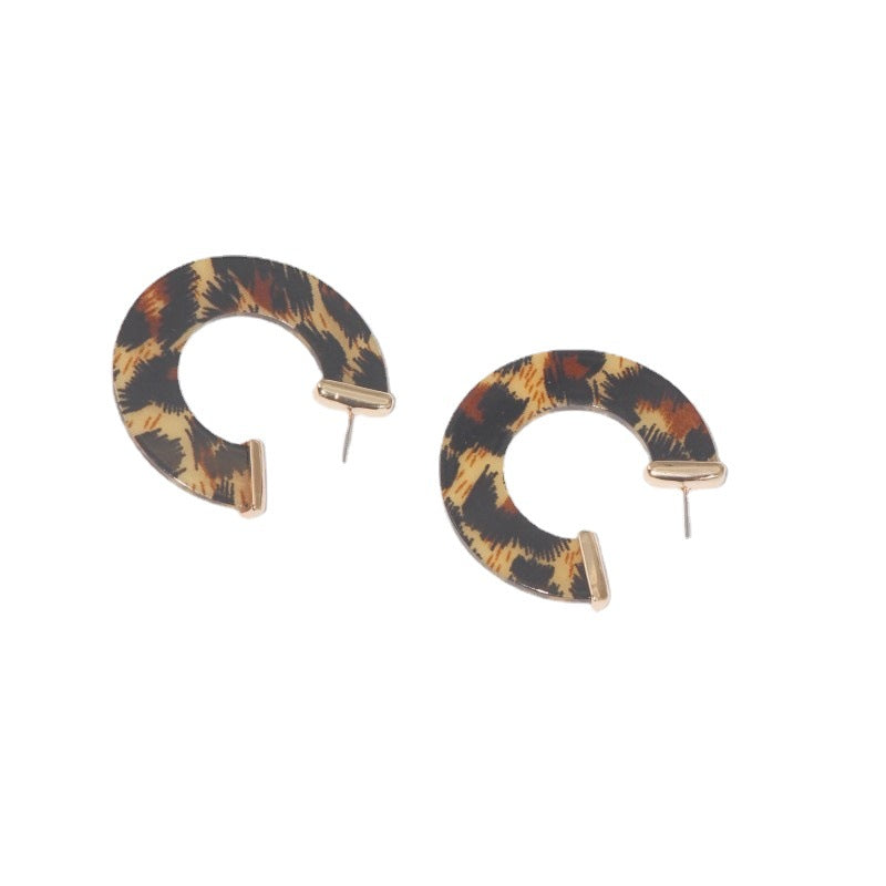 C-shaped Circular Geometric Leopard Print Earrings