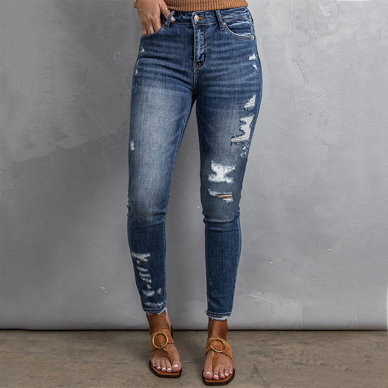 Casual Women's Fitted High Waist Frayed Washed Jeans