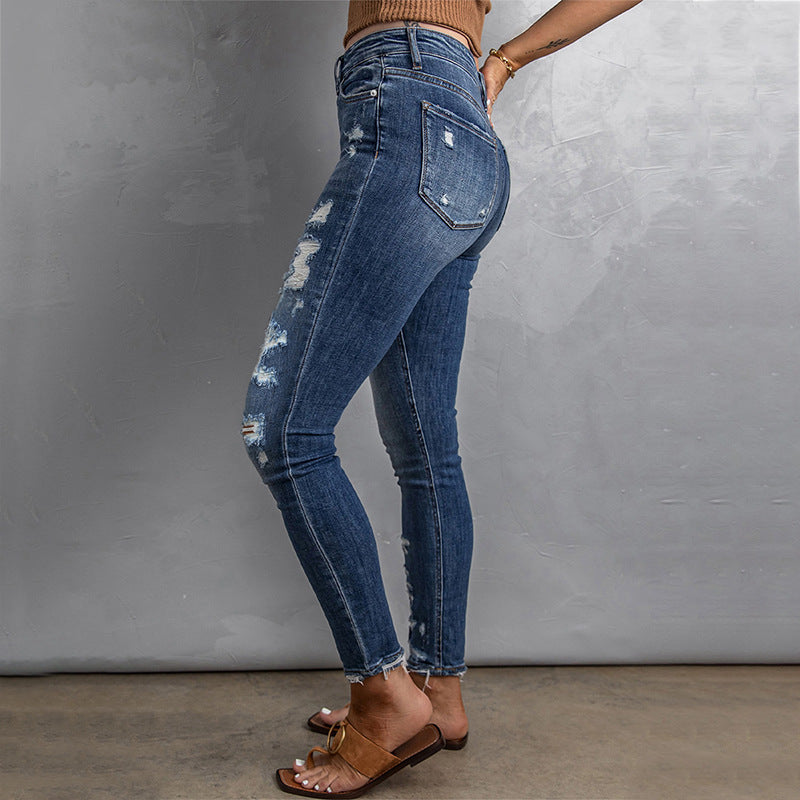 Casual Women's Fitted High Waist Frayed Washed Jeans