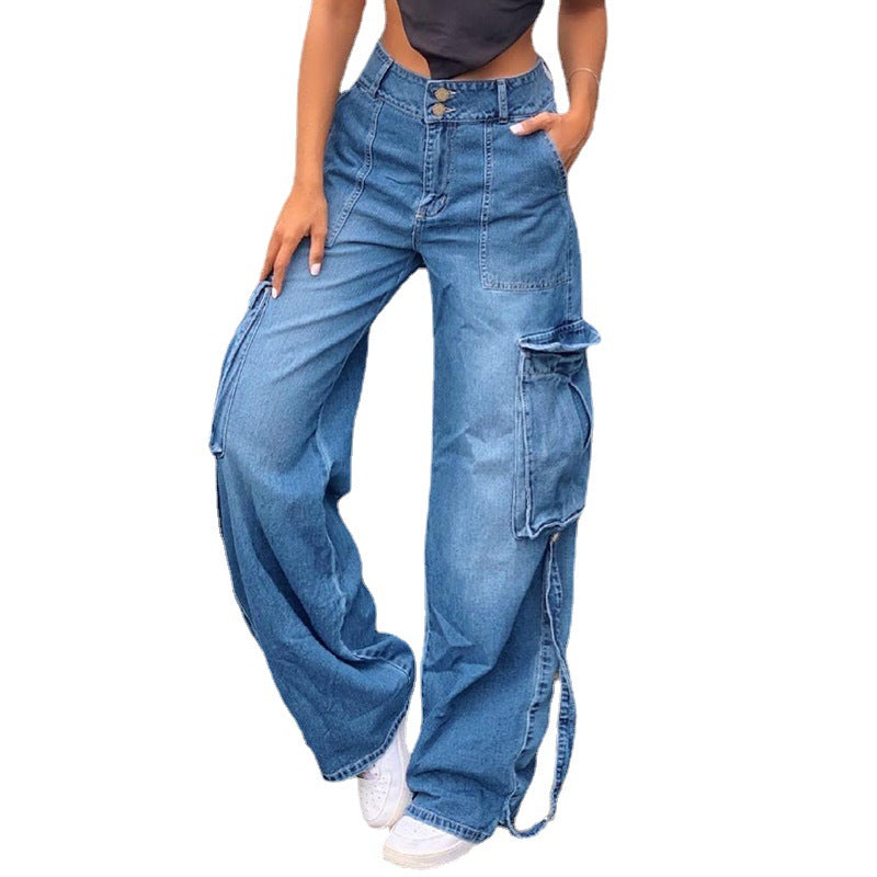 Wind Women's Solid Color Tooling Pocket Jeans Women