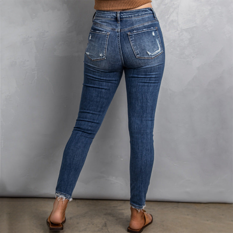 Casual Women's Fitted High Waist Frayed Washed Jeans