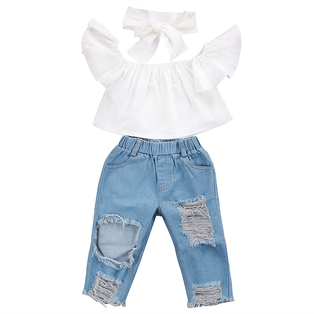 Girl's Hole Jeans White Top 3 Piece Set