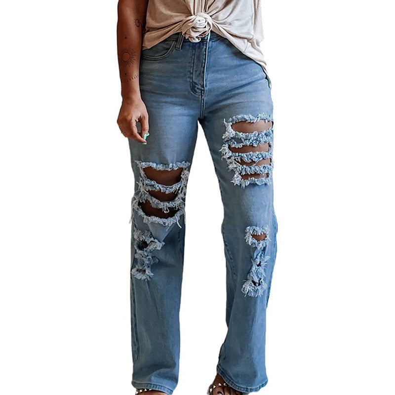 Ladies Trousers Washed And Worn Straight-leg Distressed Jeans