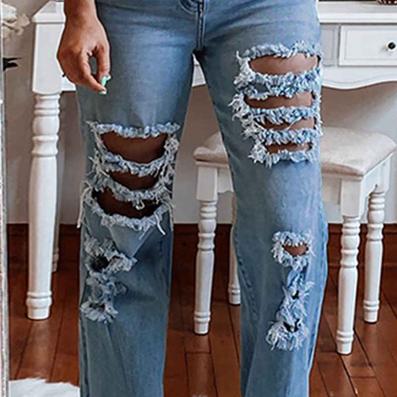 Ladies Trousers Washed And Worn Straight-leg Distressed Jeans