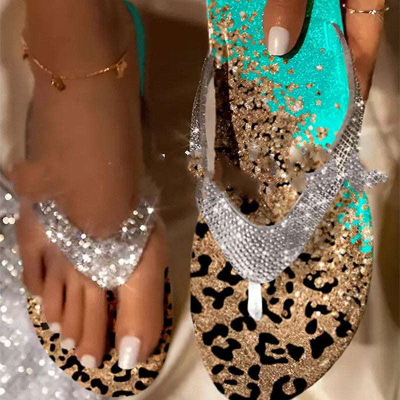 New European And American Flat Bottom Rhinestone Flip-toe 3D Printed Leopard Color Women's Sandals