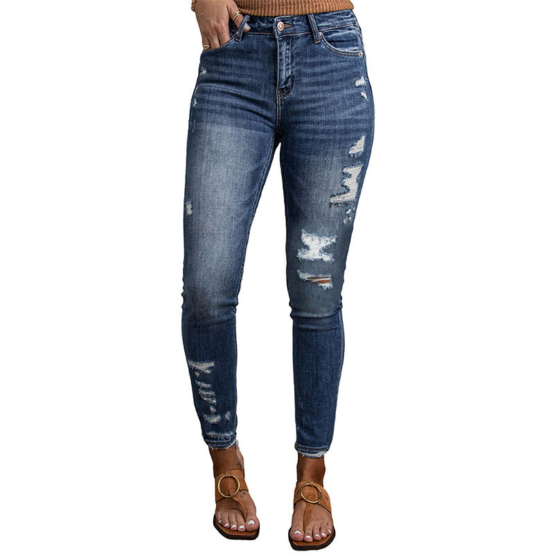 Casual Women's Fitted High Waist Frayed Washed Jeans