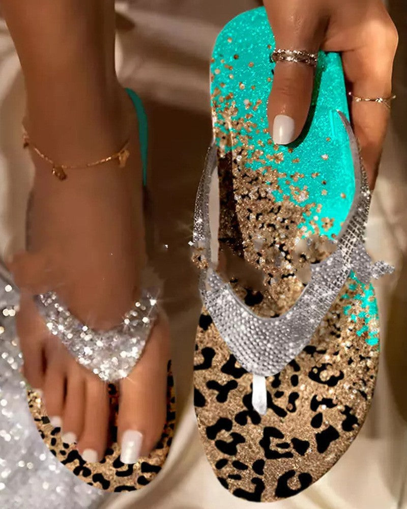 New European And American Flat Bottom Rhinestone Flip-toe 3D Printed Leopard Color Women's Sandals