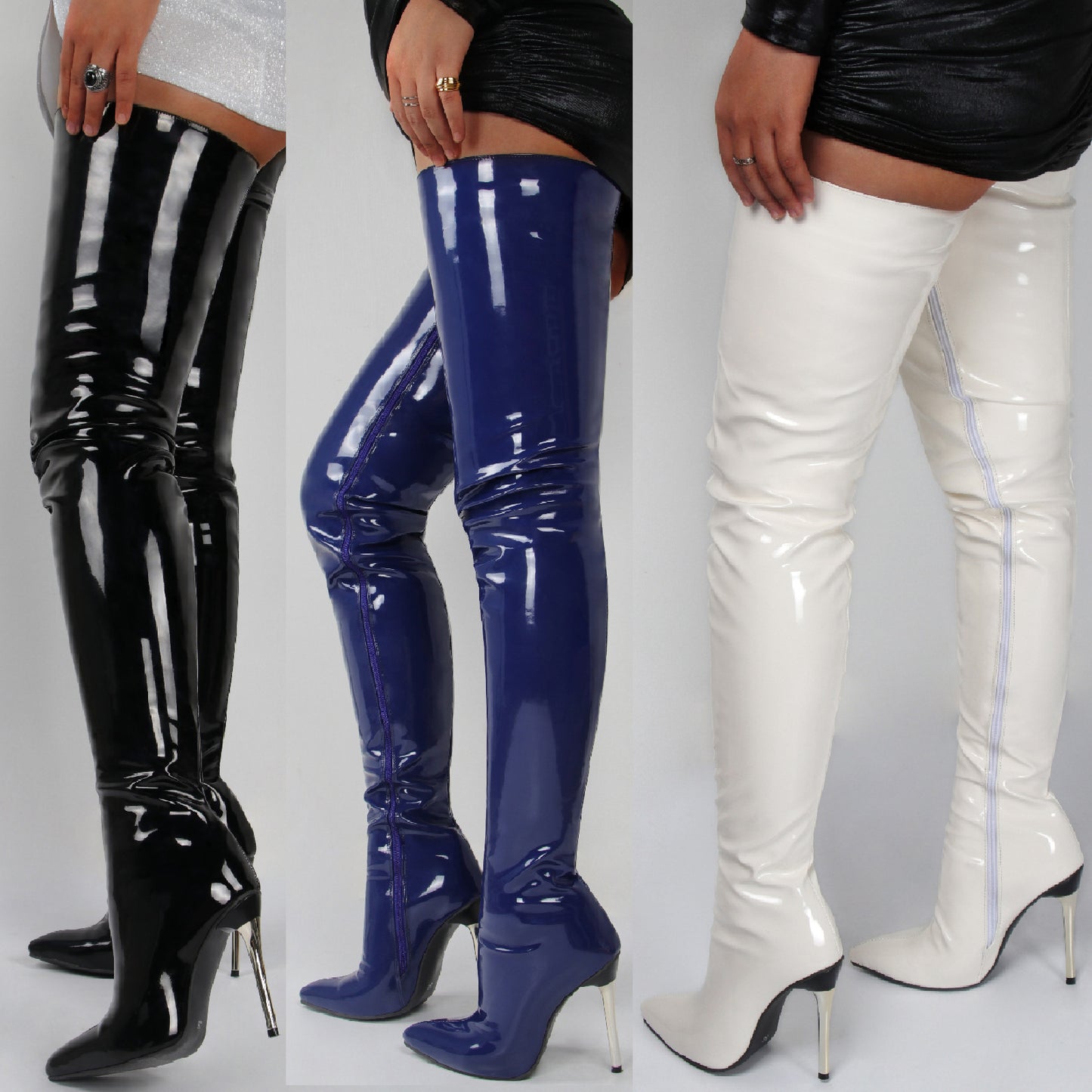 Pointy Side Zipper Patent Leather Stiletto Boots Over The Knee